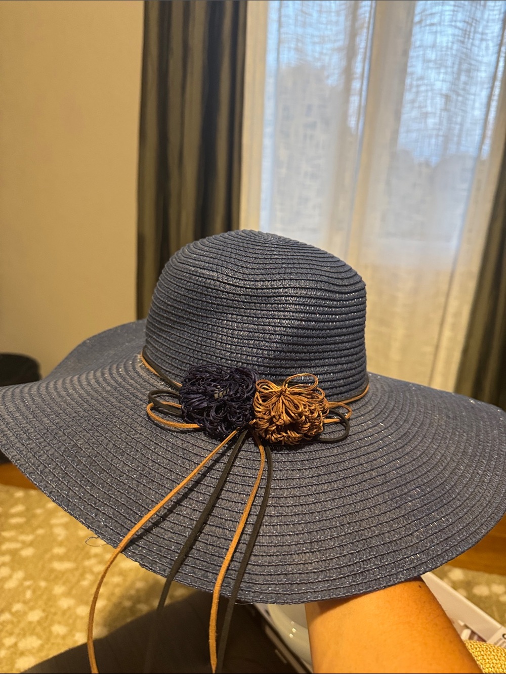 Women's Wide-Brim Sun Hat with Decorative Flowers - Navy